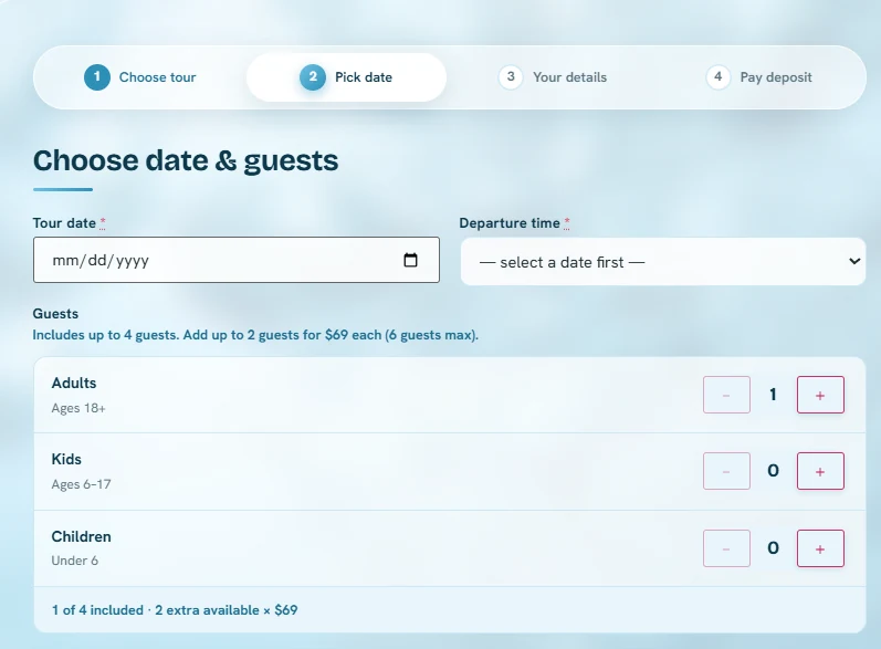 Date-and-guests step of a booking system we built: tour date, departure time, and guest counters showing the price per extra guest.